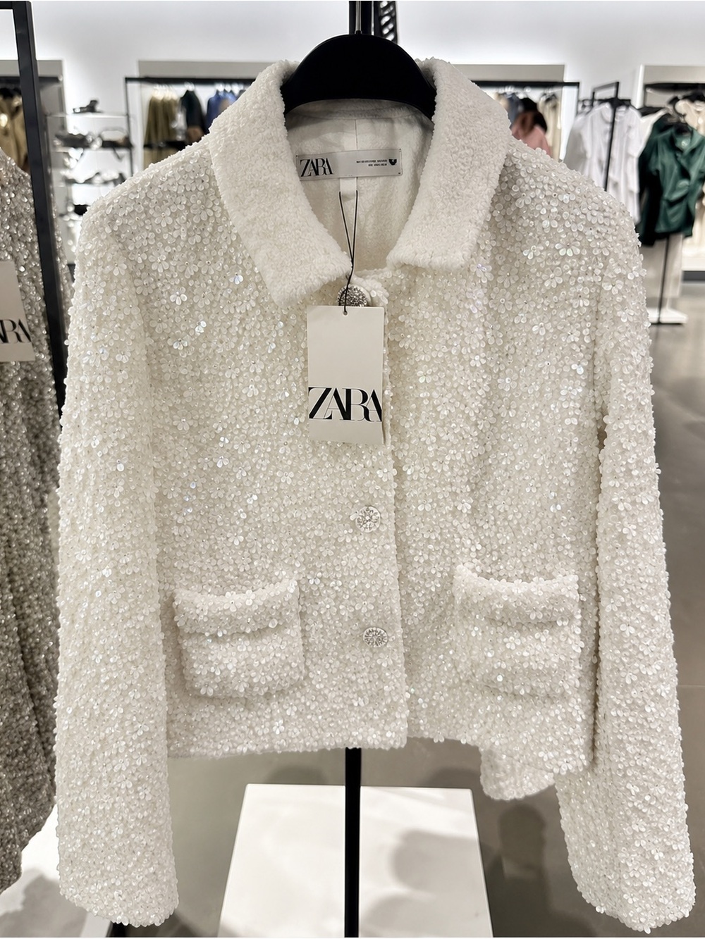 Zara ZW Collection White Sequin Cropped Jacket Medium- NWT